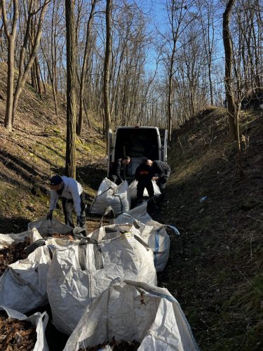 Deshalb werden die befüllten Säcke mit dem Transporter abgeholt und zum Container gebracht